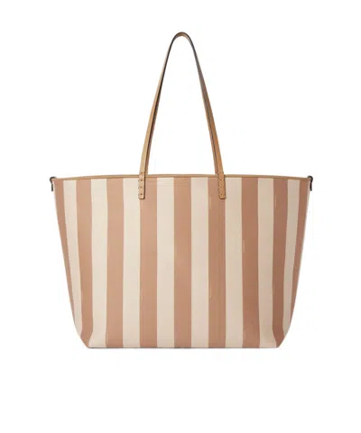 Fendi Cappuccino Striped Pequin And  Optical Jacquard Fabric Shopper In Brown