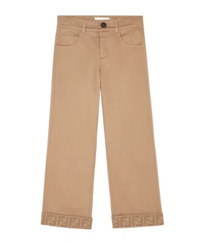 Fendi Caramel Gabardine Junior Pants With Logo In Brown