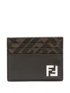 Fendi Brown Card-holder With Squared Ff Motif In Leather And Ff Canvas Man In Multicolor