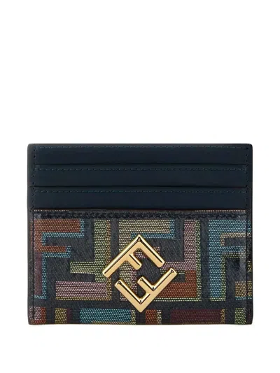 Fendi Ff Diamonds Flat Card Case In Multicolor Varnished Ff Fabric In Blue