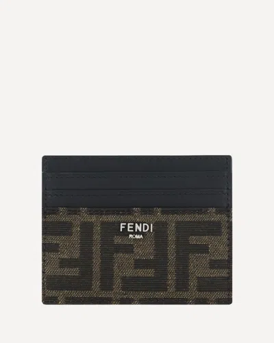 Fendi Men Leather Card Holder With Ff Jacquard Fabric Inserts In Brown