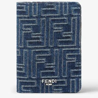Fendi Card Holder In Jacquard Ff Blue Denim Effect And Brown Leather