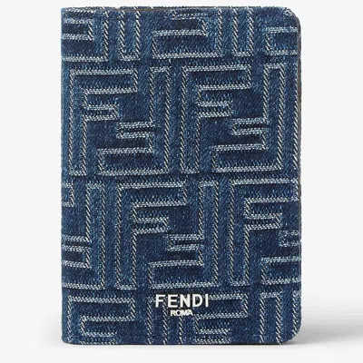 Fendi Card Holder In Jacquard Ff Blue Denim Effect And Brown Leather Men