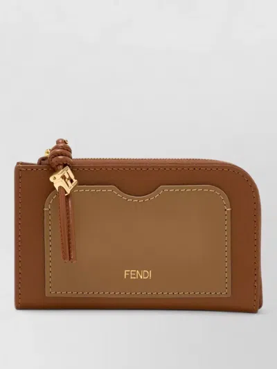 Fendi Card Holder Pouch Gold Tone Keyring In Brown
