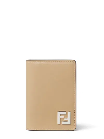 Fendi Beige Leather And Beige Ff Canvas Card Holder In Brown