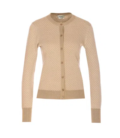 Fendi Embroidered Silk Blend Cardigan In Beige
