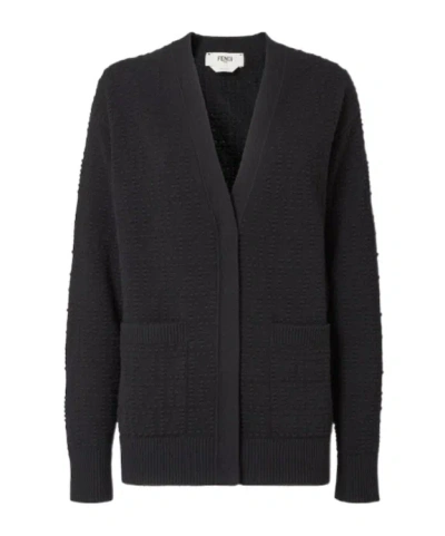 FENDI CARDIGAN BLACK FF CASHMERE AND WOOL CARDIGAN