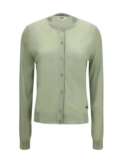 Fendi Cardigan Crewneck In Viscose With Embroidered Logo In Green