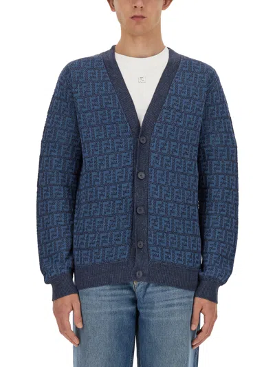 Fendi Embroidered Stretch Linen Blend Cardigan In Blue