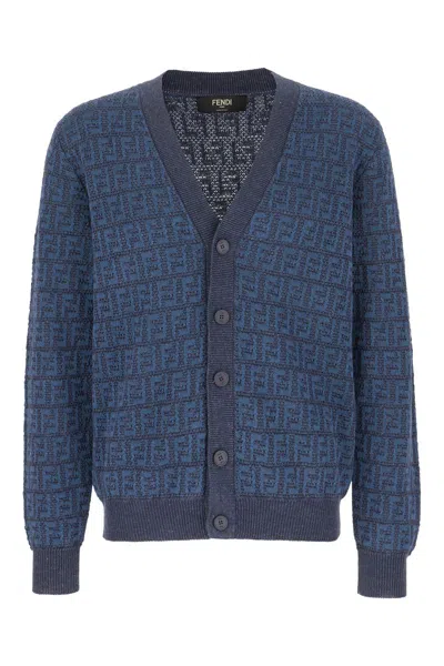 Fendi Embroidered Stretch Linen Blend Cardigan In Blue