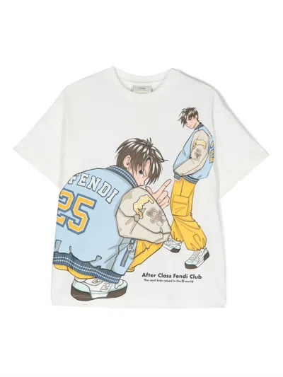 Fendi Kids' White T-shirt For Boy With Print And Ff