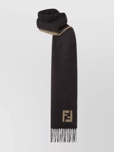 Fendi Cashmere And Wool Scarf With Fringed Edges In Black