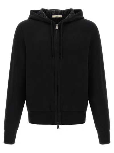 Fendi Black Ff Zucca Cashmere Knit Zip-up Hoodie