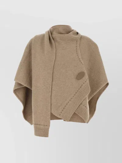 Fendi Cashmere Poncho With Asymmetric Draped Silhouette In Neutrals