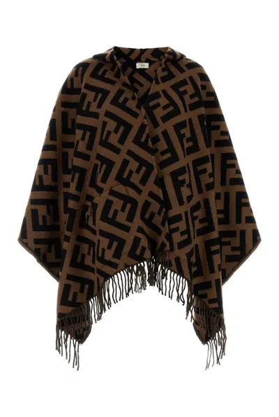 Fendi Cashmere Poncho With Fringes In Brown
