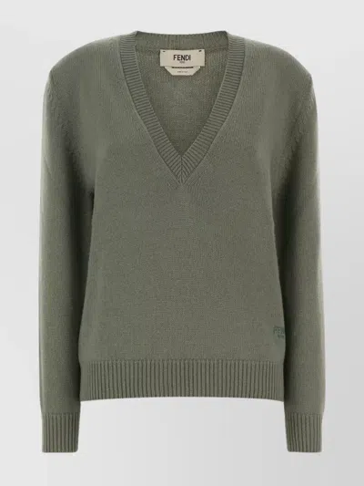 Fendi Cashmere Sweater With V-neck And Long Sleeves In Green