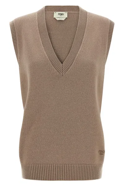 Fendi Cashmere Vest Gilet Beige In Animal Print