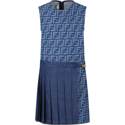 Fendi Kids' Casual Denim Dress For Girl In Blu