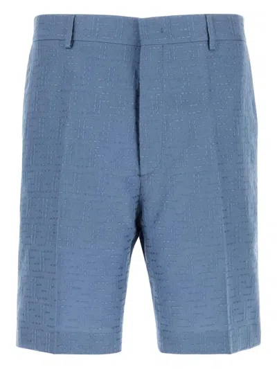 FENDI FENDI CERULEAN BLUE LINEN BLEND BERMUDA SHORTS
