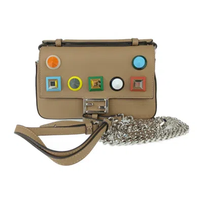 Pre-owned Fendi Chain Baguette Charm Bag Leather Beige Leather Handbag () In Sand