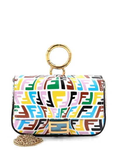Pre-owned Fendi Chain Baguette Charm Bag Vertigo Zucca Leather Nano Crossbody Bag In Multi