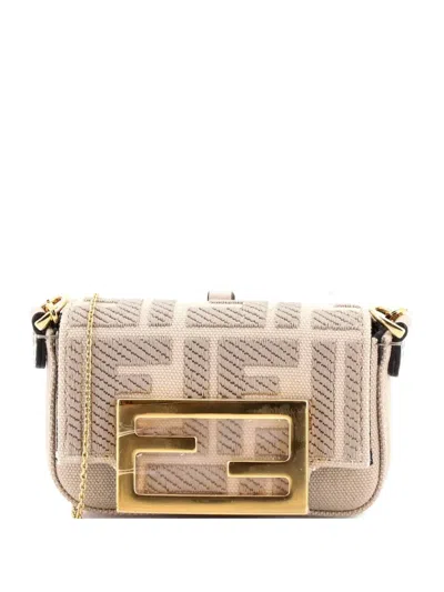 Pre-owned Fendi Chain Baguette Charm Bag Zucca Canvas Nano Crossbody Bag In Neutral