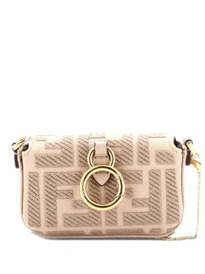 Pre-owned Fendi Chain Baguette Charm Bag Zucca Canvas Nano Crossbody Bag In Neutral