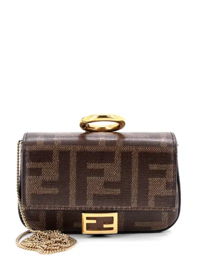 Pre-owned Fendi Chain Baguette Charm Bag Zucca Coated Canvas Nano Crossbody Bag In Brown