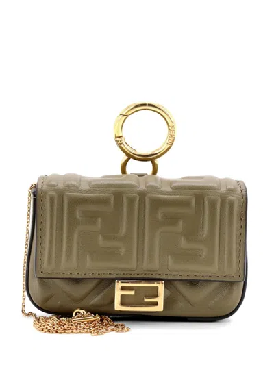 Pre-owned Fendi Chain Baguette Charm Bag Zucca Embossed Leather Nano Crossbody Bag In Green