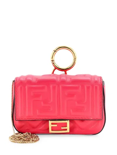Pre-owned Fendi Chain Baguette Charm Bag Zucca Embossed Leather Nano Crossbody Bag In Pink