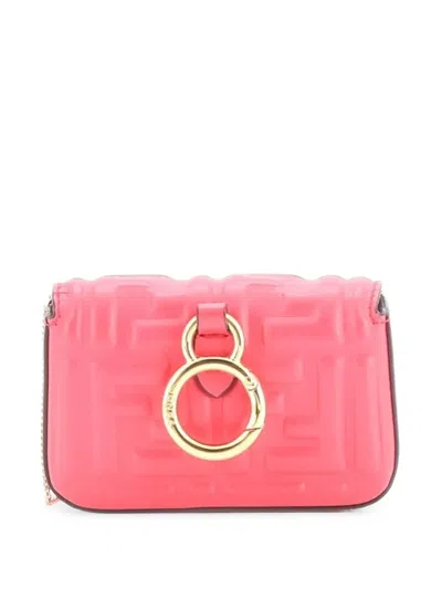 Pre-owned Fendi Chain Baguette Charm Bag Zucca Embossed Leather Nano Crossbody Bag In Pink