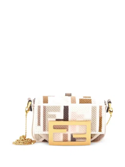 Pre-owned Fendi Chain Baguette Charm Bag Zucca Embroidered Canvas Nano Crossbody Bag In Brown