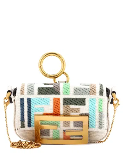 Pre-owned Fendi Chain Baguette Charm Bag Zucca Embroidered Canvas Nano Crossbody Bag In Multi