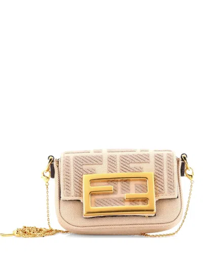 Pre-owned Fendi Chain Baguette Charm Bag Zucca Embroidered Canvas Nano Crossbody Bag In Neutral