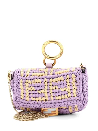 Pre-owned Fendi Chain Baguette Charm Bag Zucca Raffia Nano Shoulder Bag In Purple