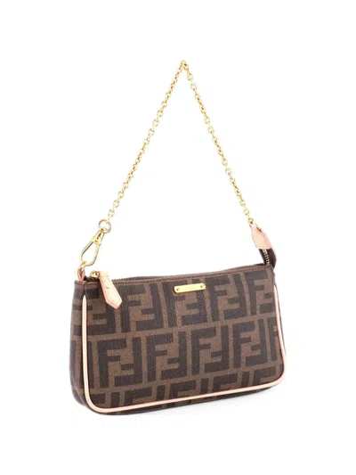 Pre-owned Fendi Chain Pochette Zucca Coated Canvas Clutch Bag In Brown