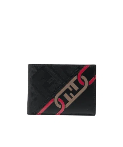 Fendi Chain-print Leather Wallet In Black