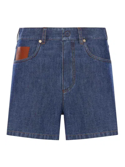 Fendi Chambray Denim Shorts In Blue