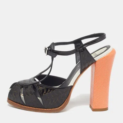 Pre-owned Fendi Chameleon Size 36 Black/orange Patent Leather Ankle Strap Sandals