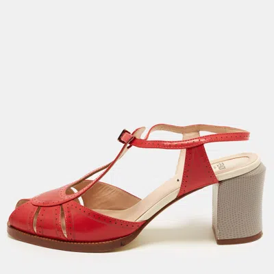 Pre-owned Fendi Chameleon Size 37 Red/grey Leather And Lizard Embossed Leather Block Heel Sandals