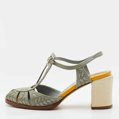 Pre-owned Fendi Chameleon Size 38 Grey Patent Leather And Lizard Embossed Leather Ankle Strap Sandals