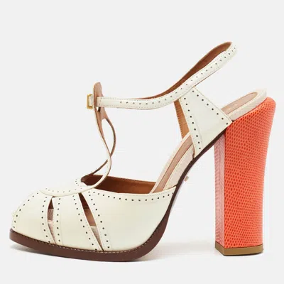 Pre-owned Fendi Chameleon Size 38.5 White Patent Leather Ankle Strap Sandals