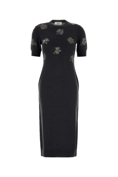 Fendi Charcoal Stretch Wool Mini Dress For Women In Black