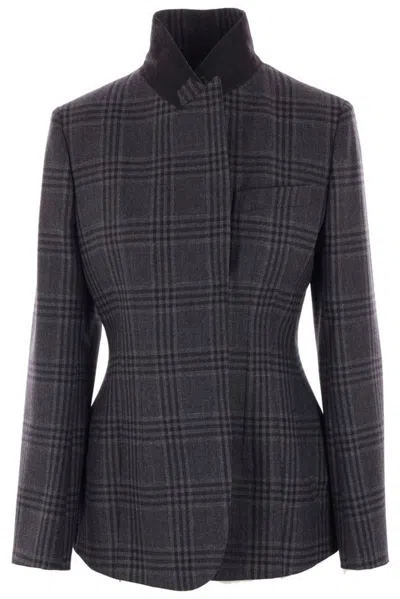 Fendi Tailored Blazer In Checked Wool In Grey