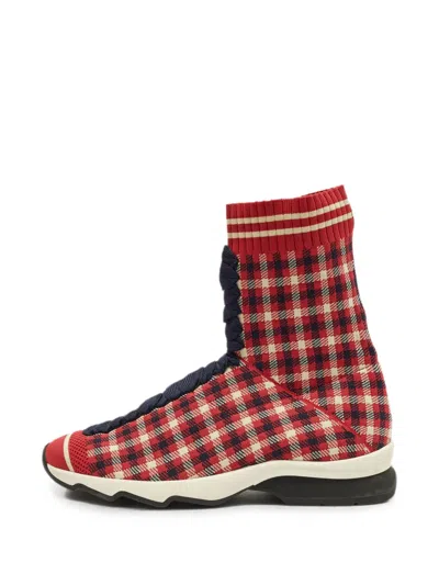 Pre-owned Fendi Check-pattern Knit Sneakers In Red