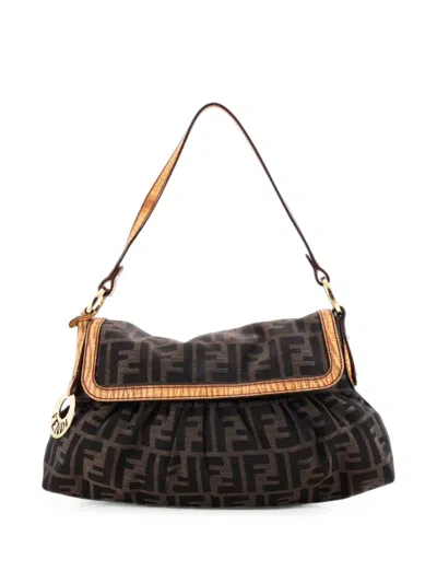 Pre-owned Fendi Chef Flap Bag Zucca Canvas Small Shoulder Bag In Brown