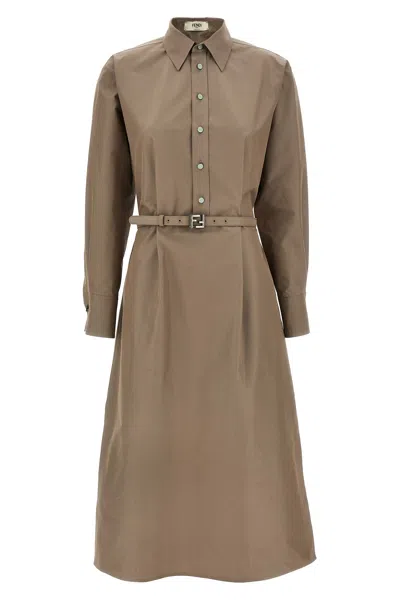 Fendi Brown Cotton And Silk Canvas Shirt Dress In Gray