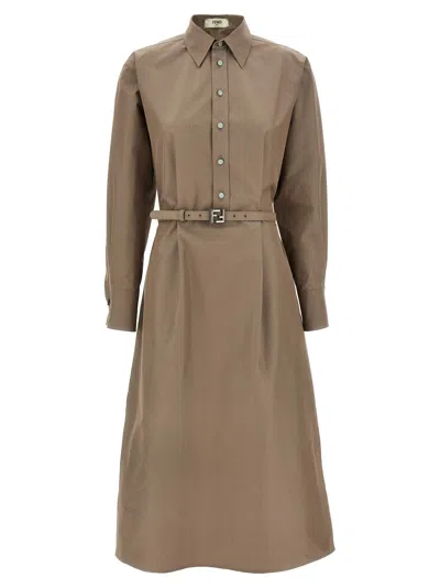 Fendi Brown Cotton And Silk Canvas Shirt Dress In Gray