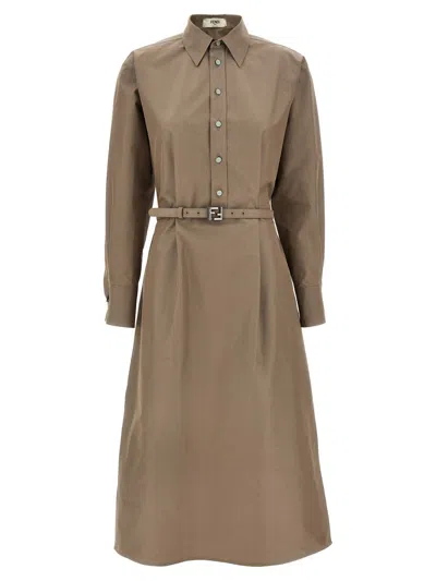 Fendi Brown Cotton And Silk Canvas Shirt Dress In Gray