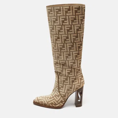 Pre-owned Fendi Chenille Size 37 Beige Jacquard Knee Length Boots In Sand